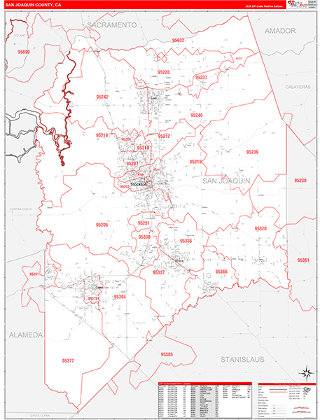 San Joaquin County, CA Map Red Line Style